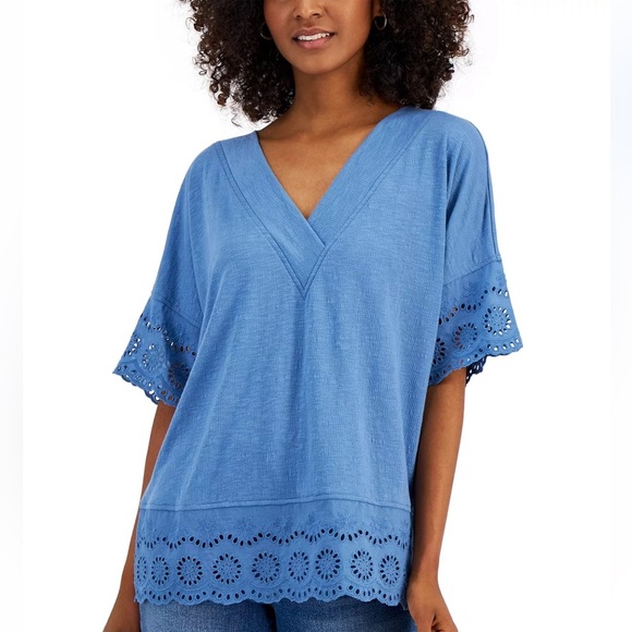 Style & Co women’s Lace trimmed relaxed fit tunic top ribbed knit dolman slv Lrg - Picture 1 of 11